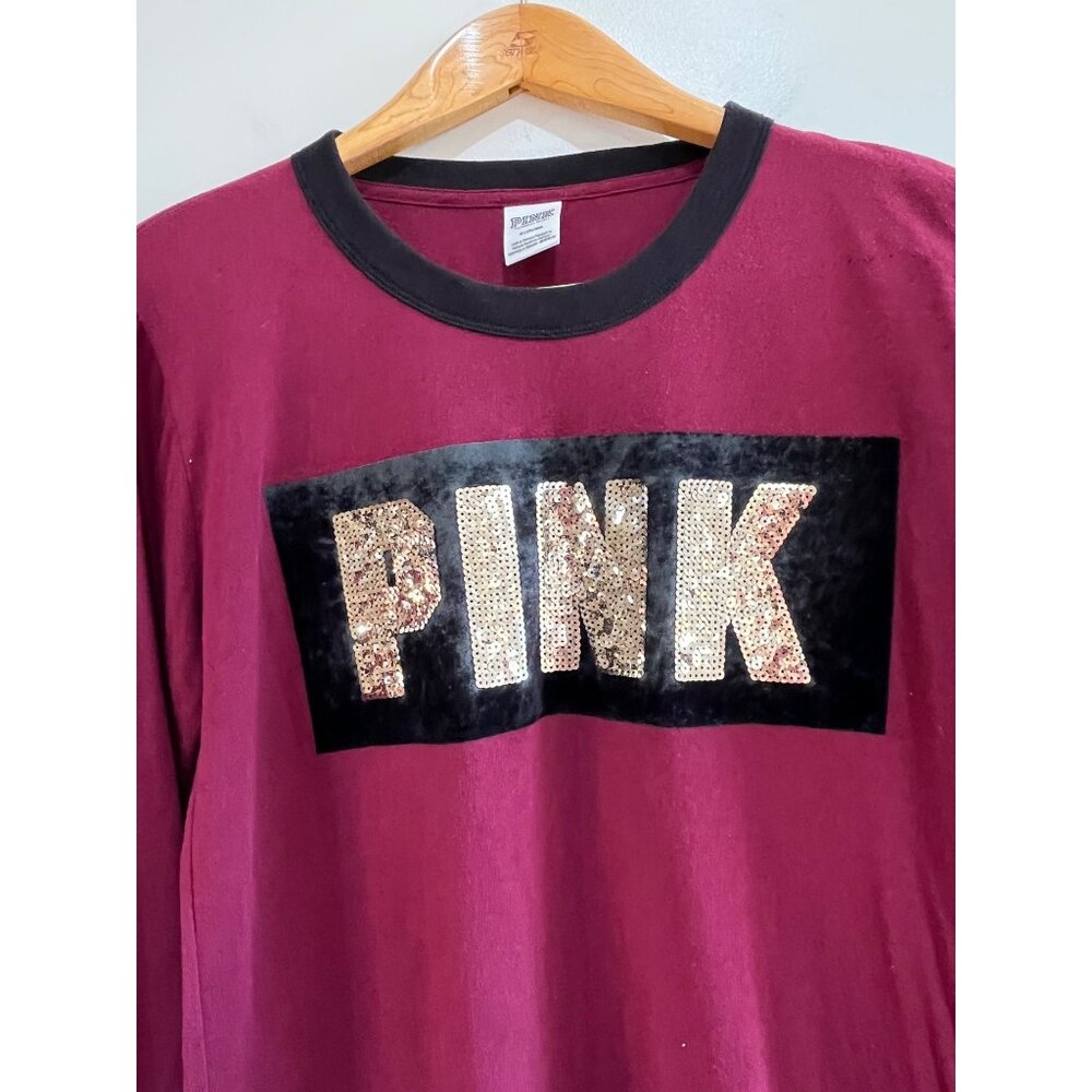 Pink Victoria's Secret Sequin/Velvet T-Shirt Womens M Burgundy Long Sleeve - Picture 3 of 8